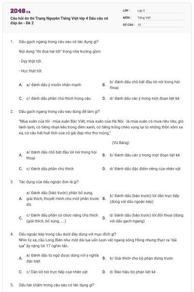 Câu hỏi ôn thi Trạng Nguyên Tiếng Việt lớp 4 Dấu câu có đáp án - Đề 2