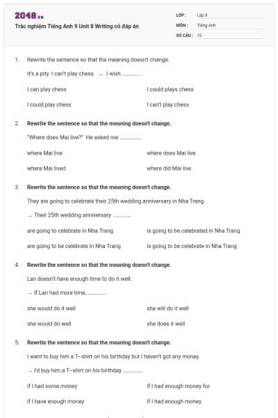 Trắc nghiệm Tiếng Anh 9 Unit 8 Writing có đáp án