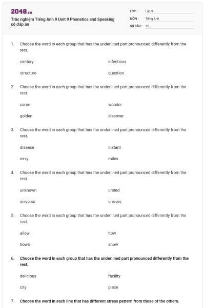 Trắc nghiệm Tiếng Anh 9 Unit 9 Phonetics and Speaking có đáp án