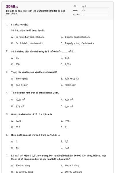 Bộ 5 đề thi cuối kì 2 Toán lớp 5 Chân trời sáng tạo có đáp án - Đề 03
