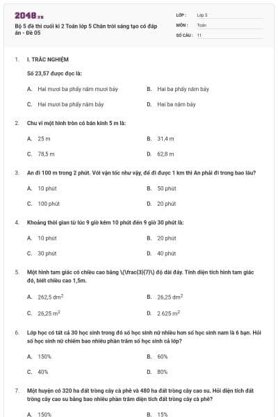 Bộ 5 đề thi cuối kì 2 Toán lớp 5 Chân trời sáng tạo có đáp án - Đề 05