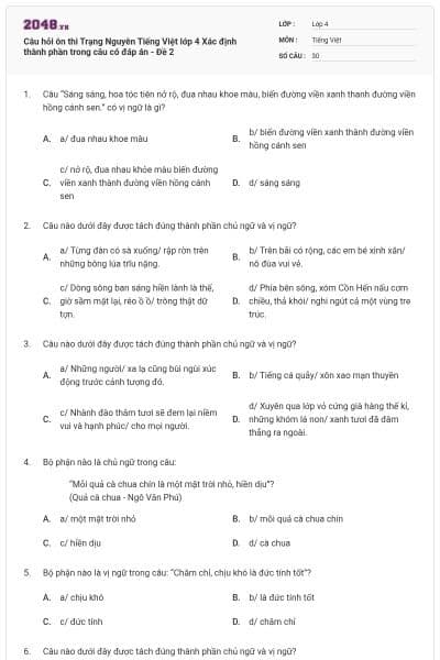 Câu hỏi ôn thi Trạng Nguyên Tiếng Việt lớp 4 Xác định thành phần trong câu có đáp án - Đề 2