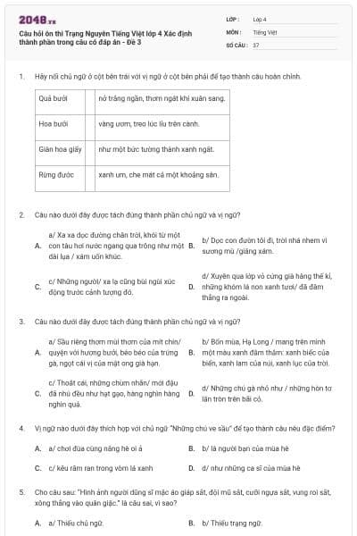 Câu hỏi ôn thi Trạng Nguyên Tiếng Việt lớp 4 Xác định thành phần trong câu có đáp án - Đề 3