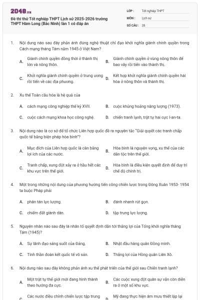 Đề thi thử Tốt nghiệp THPT Lịch sử 2025-2026 trường THPT Hàm Long (Bắc Ninh) lần 1 có đáp án