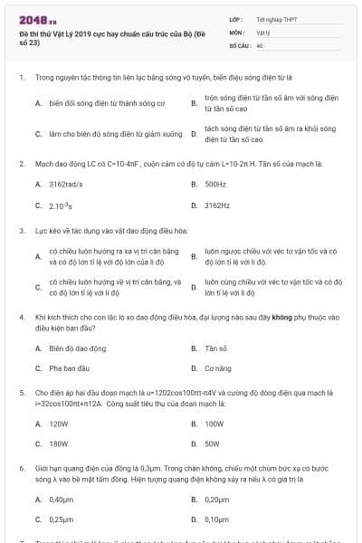 Đề thi thử Vật Lý 2019 cực hay chuẩn cấu trúc của Bộ (Đề số 23)