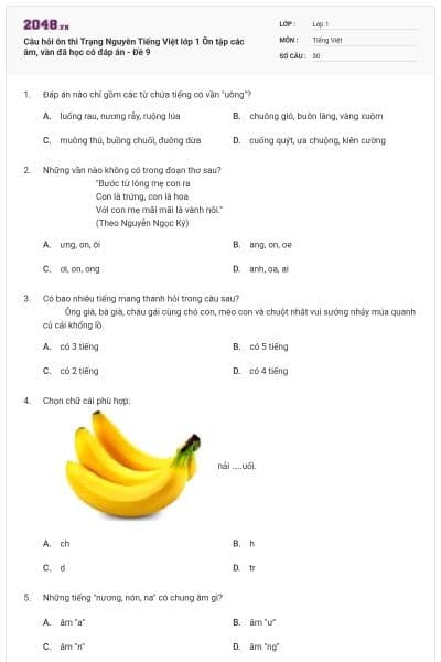 Câu hỏi ôn thi Trạng Nguyên Tiếng Việt lớp 1 Ôn tập các âm, vần đã học có đáp án - Đề 9