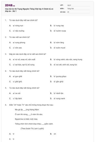 Câu hỏi ôn thi Trạng Nguyên Tiếng Việt lớp 4 Chính tả có đáp án - Đề 1