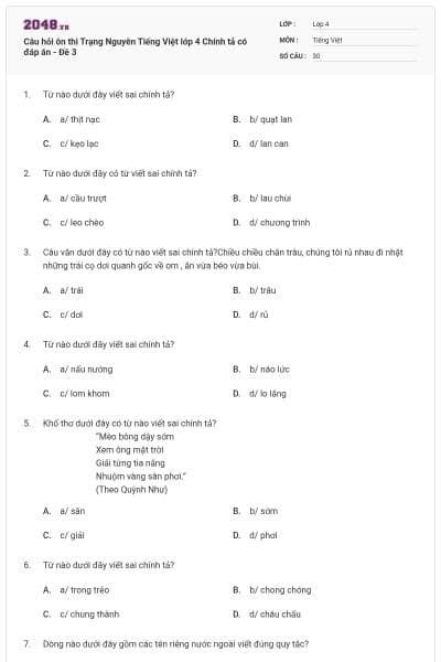 Câu hỏi ôn thi Trạng Nguyên Tiếng Việt lớp 4 Chính tả có đáp án - Đề 3