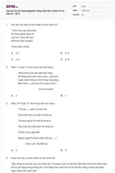 Câu hỏi ôn thi Trạng Nguyên Tiếng Việt lớp 4 Chính tả có đáp án - Đề 5