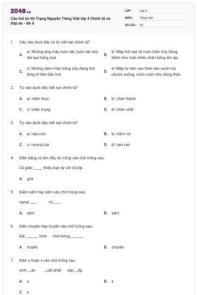 Câu hỏi ôn thi Trạng Nguyên Tiếng Việt lớp 4 Chính tả có đáp án - Đề 6