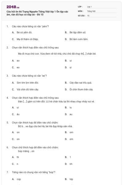 Câu hỏi ôn thi Trạng Nguyên Tiếng Việt lớp 1 Ôn tập các âm, vần đã học có đáp án - Đề 10