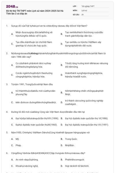 Đề thi thử TN THPT môn Lịch sử năm 2024-2025 Sở Hà Tĩnh lần 2 có đáp án