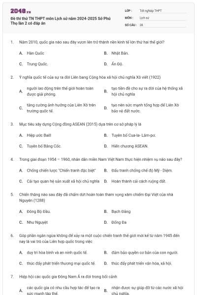 Đề thi thử TN THPT môn Lịch sử năm 2024-2025 Sở Phú Thọ lần 2 có đáp án