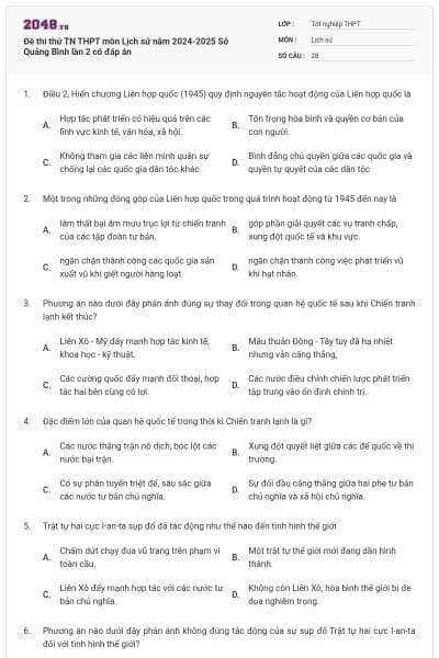 Đề thi thử TN THPT môn Lịch sử năm 2024-2025 Sở Quảng Bình lần 2 có đáp án