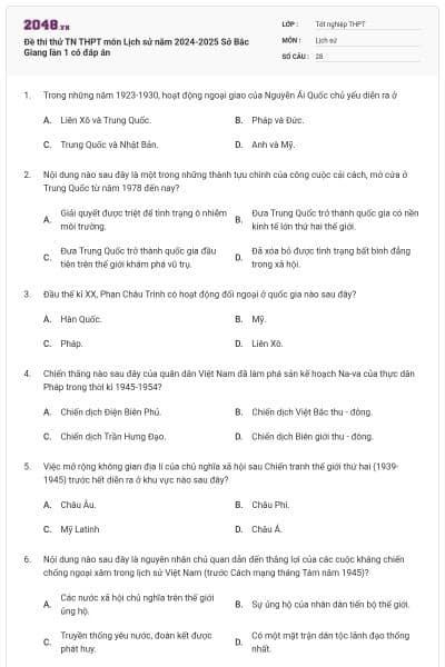 Đề thi thử TN THPT môn Lịch sử năm 2024-2025 Sở Bắc Giang lần 1 có đáp án