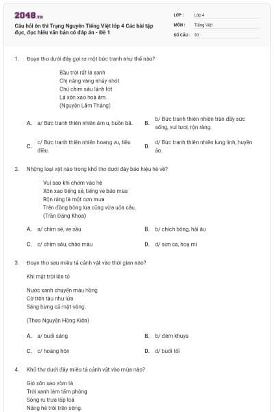 Câu hỏi ôn thi Trạng Nguyên Tiếng Việt lớp 4 Các bài tập đọc, đọc hiểu văn bản có đáp án - Đề 1