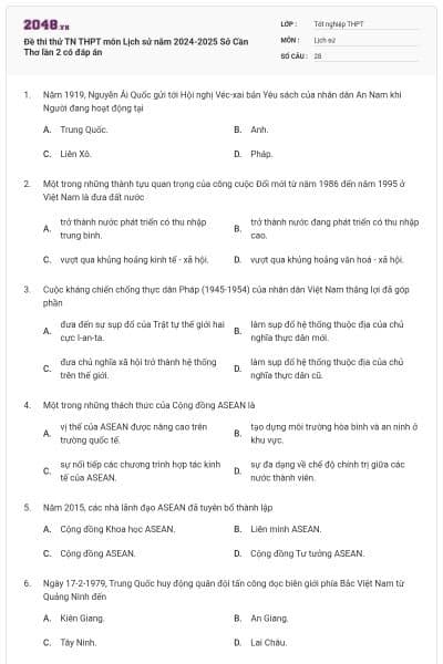 Đề thi thử TN THPT môn Lịch sử năm 2024-2025 Sở Cần Thơ lần 2 có đáp án