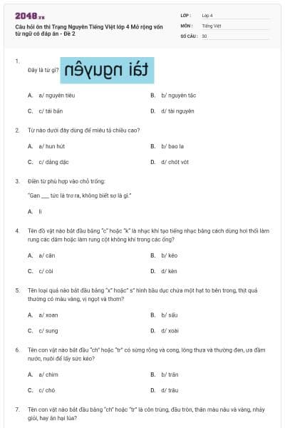 Câu hỏi ôn thi Trạng Nguyên Tiếng Việt lớp 4 Mở rộng vốn từ ngữ có đáp án - Đề 2