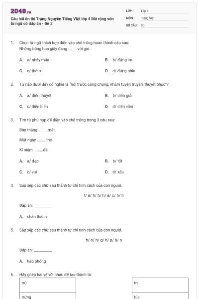 Câu hỏi ôn thi Trạng Nguyên Tiếng Việt lớp 4 Mở rộng vốn từ ngữ có đáp án - Đề 3