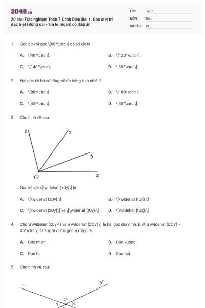 20 câu Trắc nghiệm Toán 7 Cánh Diều Bài 1. Góc ở vị trí đặc biệt (Đúng sai - Trả lời ngắn) có đáp án