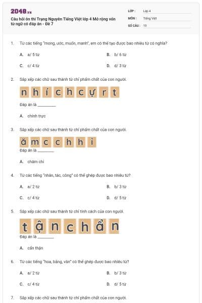 Câu hỏi ôn thi Trạng Nguyên Tiếng Việt lớp 4 Mở rộng vốn từ ngữ có đáp án - Đề 7