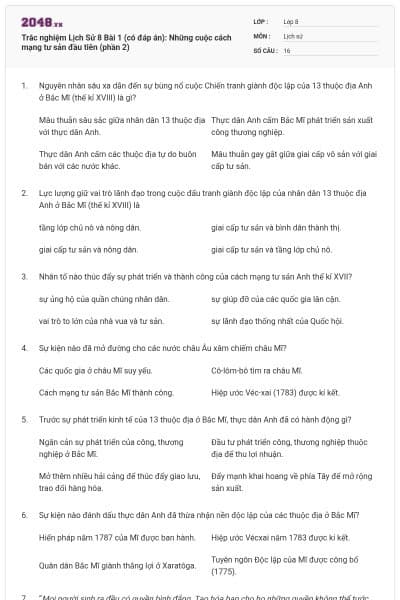Trắc nghiệm Lịch Sử 8 Bài 1 (có đáp án): Những cuộc cách mạng tư sản đầu tiên (phần 2)