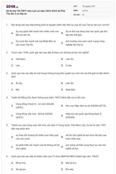 Đề thi thử TN THPT môn Lịch sử năm 2024-2025 Sở Phú Thọ lần 3 có đáp án