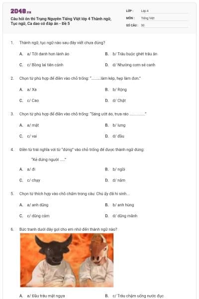 Câu hỏi ôn thi Trạng Nguyên Tiếng Việt lớp 4 Thành ngữ, Tục ngữ, Ca dao có đáp án - Đề 5