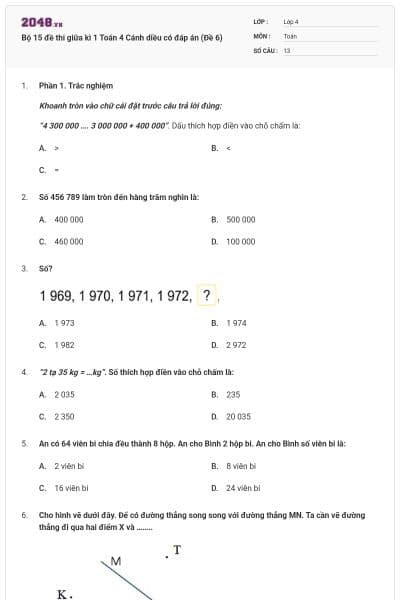 Bộ 15 đề thi giữa kì 1 Toán 4 Cánh diều có đáp án (Đề 6)