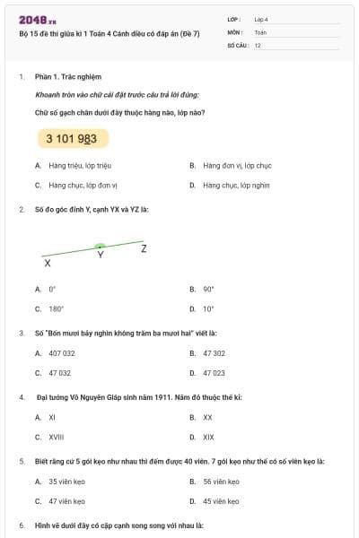 Bộ 15 đề thi giữa kì 1 Toán 4 Cánh diều có đáp án (Đề 7)