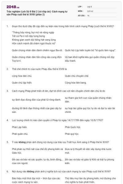 Trắc nghiệm Lịch Sử 8 Bài 2 (có đáp án): Cách mạng tư sản Pháp cuối thế kỉ XVIII (phần 2)