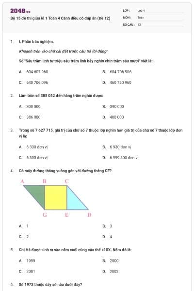 Bộ 15 đề thi giữa kì 1 Toán 4 Cánh diều có đáp án (Đề 12)