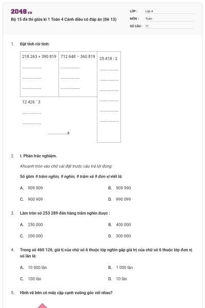 Bộ 15 đề thi giữa kì 1 Toán 4 Cánh diều có đáp án (Đề 13)