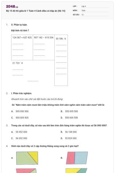 Bộ 15 đề thi giữa kì 1 Toán 4 Cánh diều có đáp án (Đề 14)