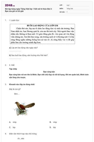 Bài tập hàng ngày Tiếng Việt lớp 1 Kết nối tri thức Bài 3: Bạn của gió có lời giải