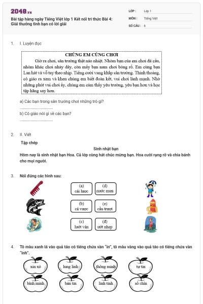 Bài tập hàng ngày Tiếng Việt lớp 1 Kết nối tri thức Bài 4: Giải thưởng tình bạn có lời giải