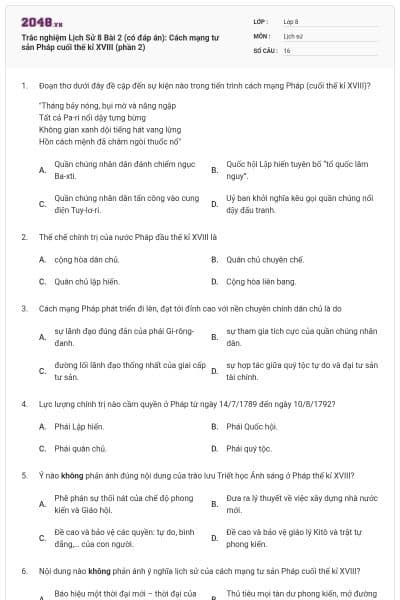 Trắc nghiệm Lịch Sử 8 Bài 2 (có đáp án): Cách mạng tư sản Pháp cuối thế kỉ XVIII (phần 2)