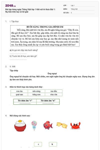 Bài tập hàng ngày Tiếng Việt lớp 1 Kết nối tri thức Bài 1: Nụ hôn trên tay có lời giải