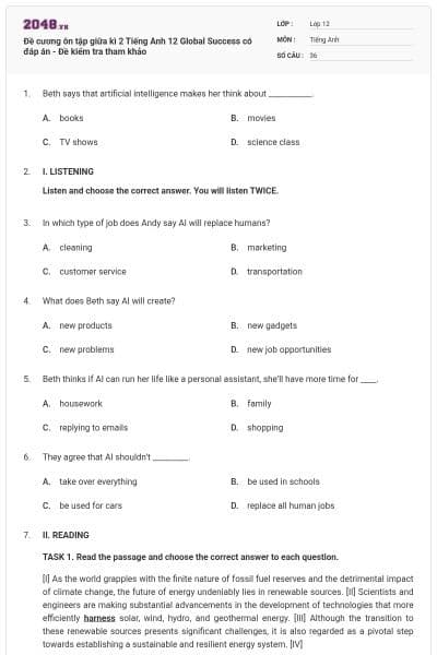 Đề cương ôn tập giữa kì 2 Tiếng Anh 12 Global Success có đáp án - Đề kiểm tra tham khảo