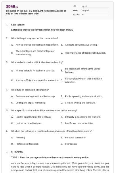 Đề cương ôn tập cuối kì 2 Tiếng Anh 12 Global Success có đáp án - Đề kiểm tra tham khảo
