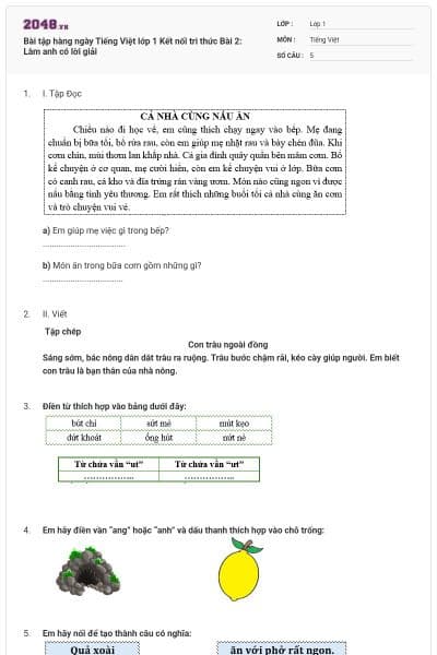 Bài tập hàng ngày Tiếng Việt lớp 1 Kết nối tri thức Bài 2: Làm anh có lời giải