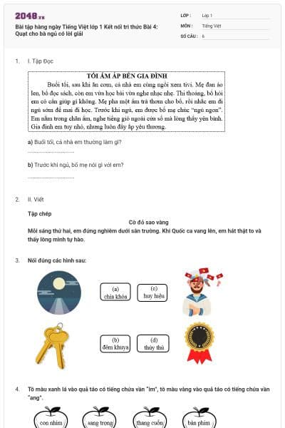 Bài tập hàng ngày Tiếng Việt lớp 1 Kết nối tri thức Bài 4: Quạt cho bà ngủ có lời giải