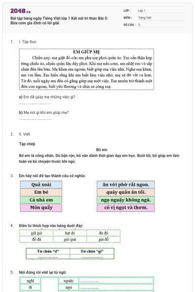 Bài tập hàng ngày Tiếng Việt lớp 1 Kết nối tri thức Bài 5: Bữa cơm gia đình có lời giải
