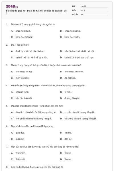Bộ 5 đề thi giữa kì 1 Địa lí 10 Kết nối tri thức có đáp án - Đề 2