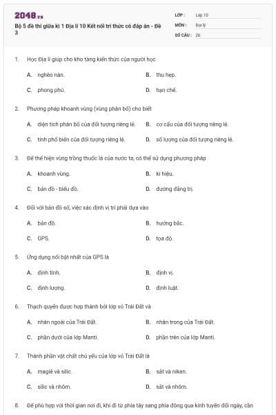 Bộ 5 đề thi giữa kì 1 Địa lí 10 Kết nối tri thức có đáp án - Đề 3