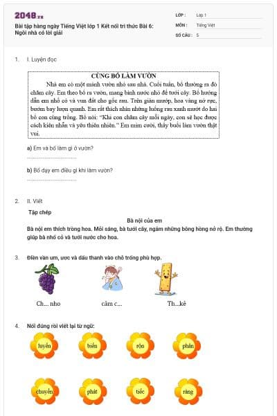 Bài tập hàng ngày Tiếng Việt lớp 1 Kết nối tri thức Bài 6: Ngôi nhà có lời giải