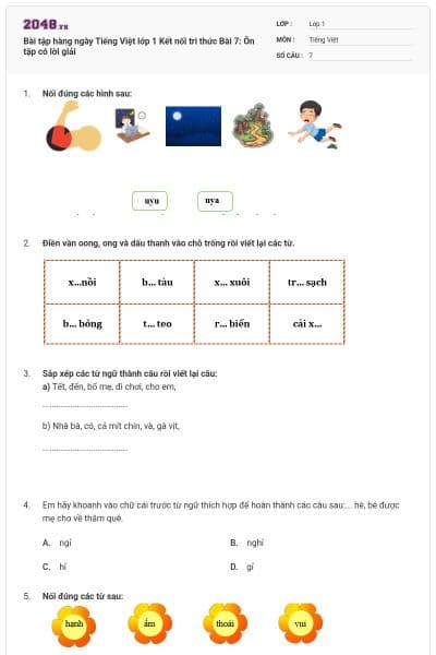 Bài tập hàng ngày Tiếng Việt lớp 1 Kết nối tri thức Bài 7: Ôn tập có lời giải