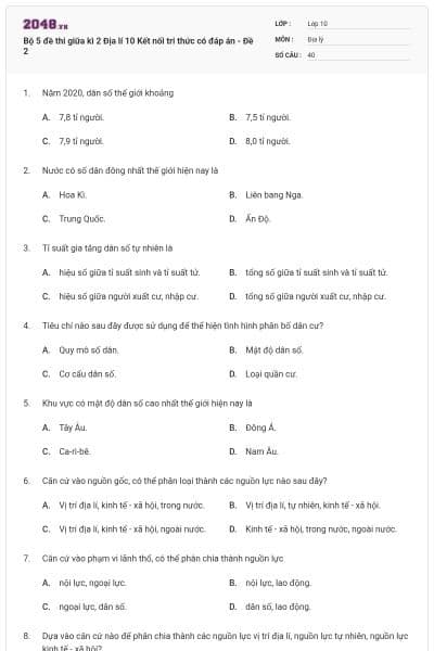 Bộ 5 đề thi giữa kì 2 Địa lí 10 Kết nối tri thức có đáp án - Đề 2