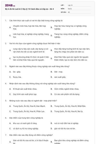 Bộ 6 đề thi cuối kì 2 Địa lý 10 Cánh diều có đáp án - Đề 4