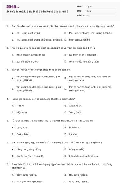 Bộ 6 đề thi cuối kì 2 Địa lý 10 Cánh diều có đáp án - Đề 5